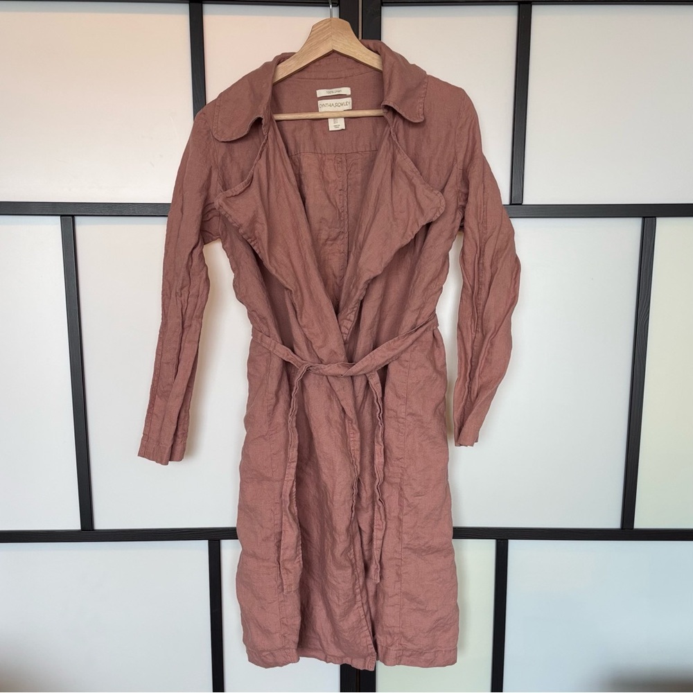 100% Linen Trench Coat Cynthia Rowley Wrap Coat Light Jacket Quiet Luxury Boho - Picture 7 of 16